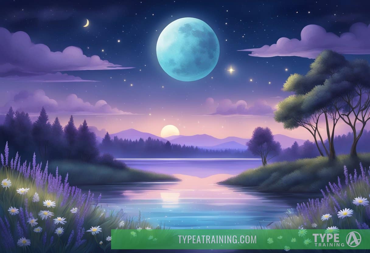 A serene nighttime scene with a glowing moon and stars, surrounded by calming elements like lavender, chamomile, and a peaceful body of water
