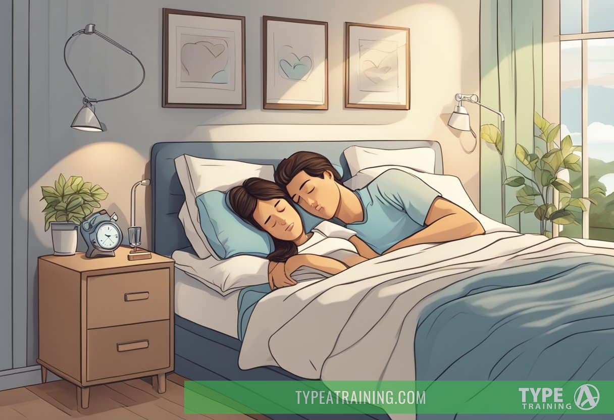 A couple sleeping peacefully in bed, with a CPAP machine on the nightstand and a heart-shaped pillow in the background