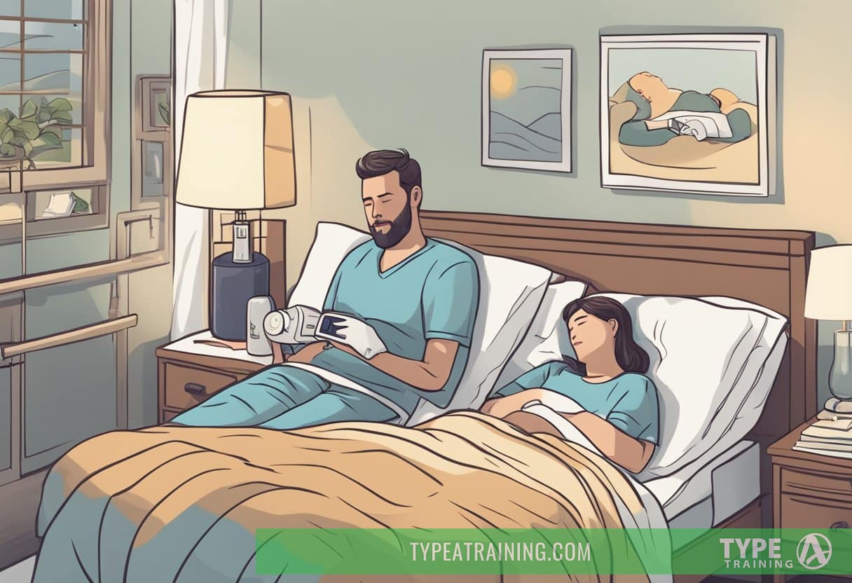 A couple peacefully sleeping in bed, with a CPAP machine on the nightstand and a headline about the benefits of sleep apnea treatment