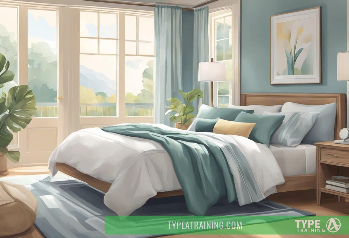 A serene bedroom with a neatly made bed adorned with crisp, cooling sheets in a soothing color palette. A gentle breeze flows through an open window, creating a sense of comfort and relaxation