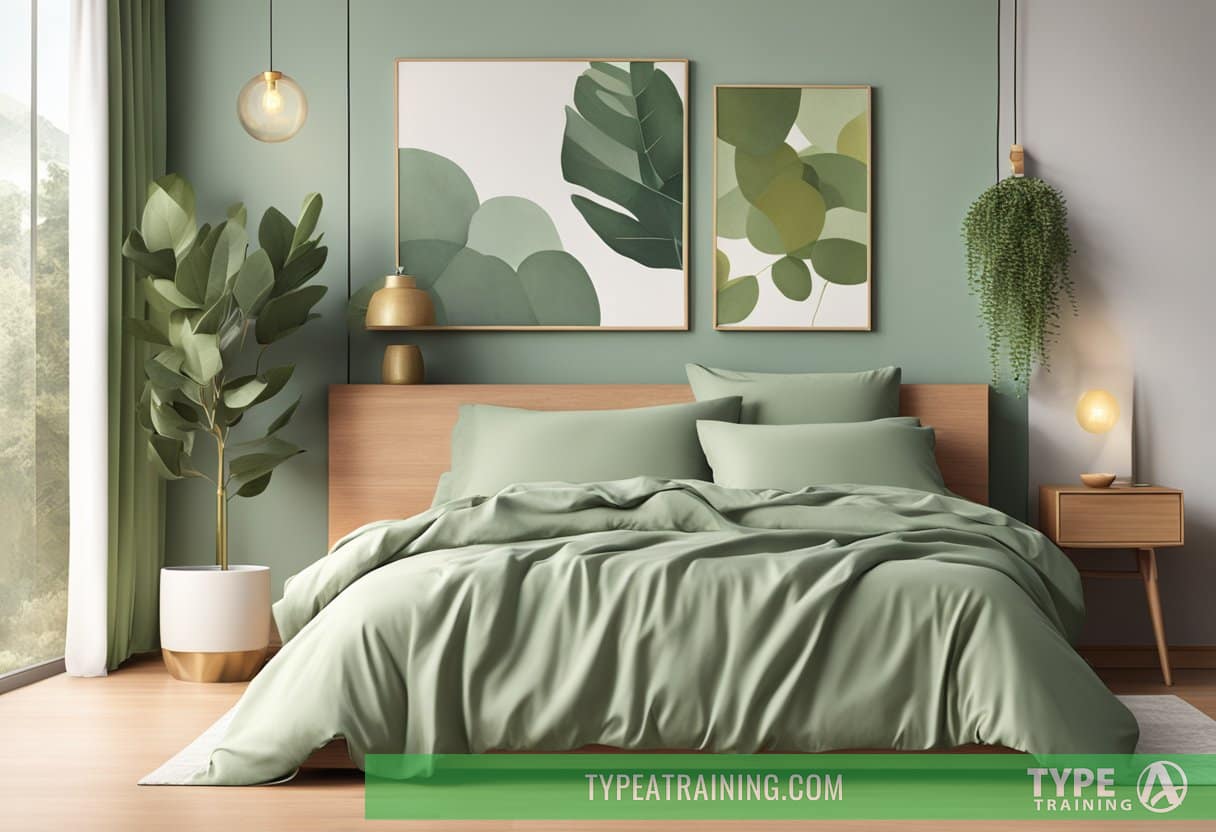 A serene bedroom with Olive + Crate Eucalyptus Cooling Sheet Set on a bed, surrounded by a cooling and refreshing atmosphere