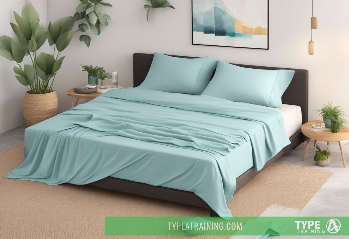 A bed with Cozy Earth Bamboo Sheet Set, surrounded by cool, refreshing elements like a fan and a glass of ice water