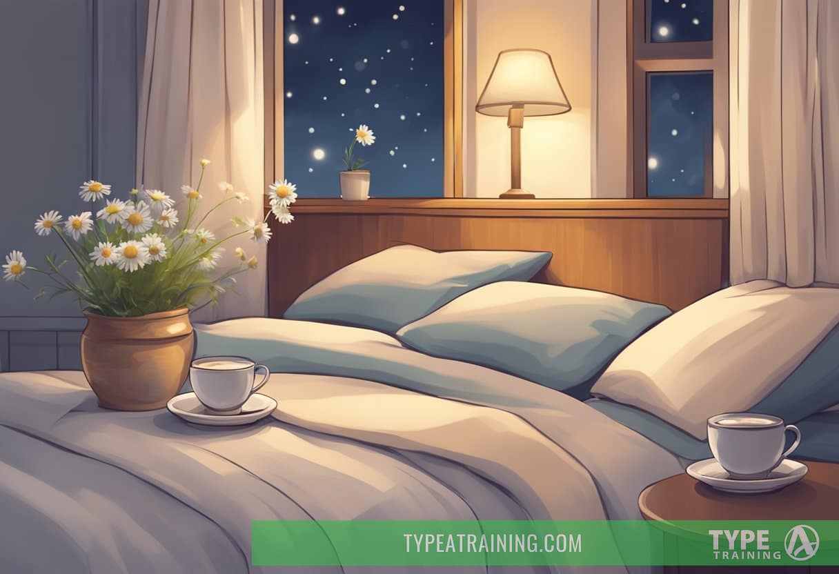 A cozy bedroom with a steaming cup of chamomile tea on a nightstand, surrounded by soft pillows and a warm blanket