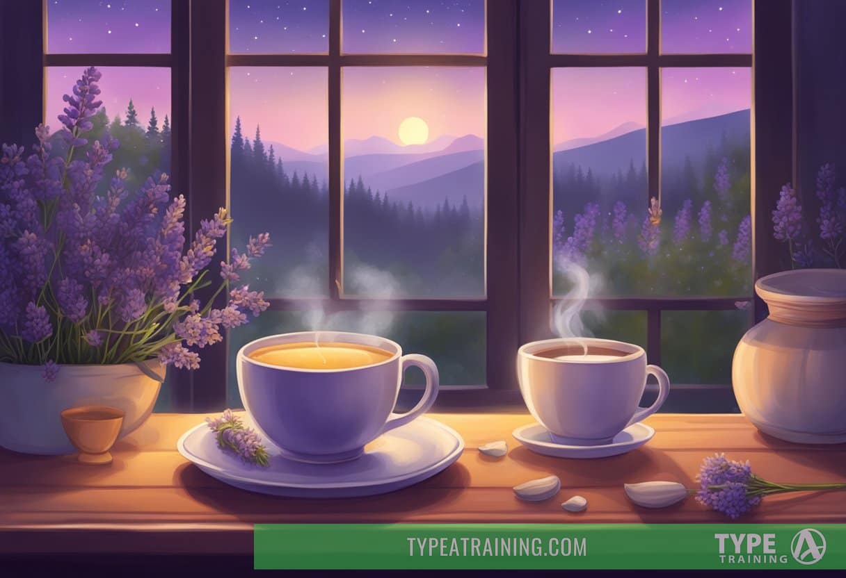 A cozy night scene with a steaming cup of chamomile tea surrounded by lavender flowers and a tranquil sleeping environment