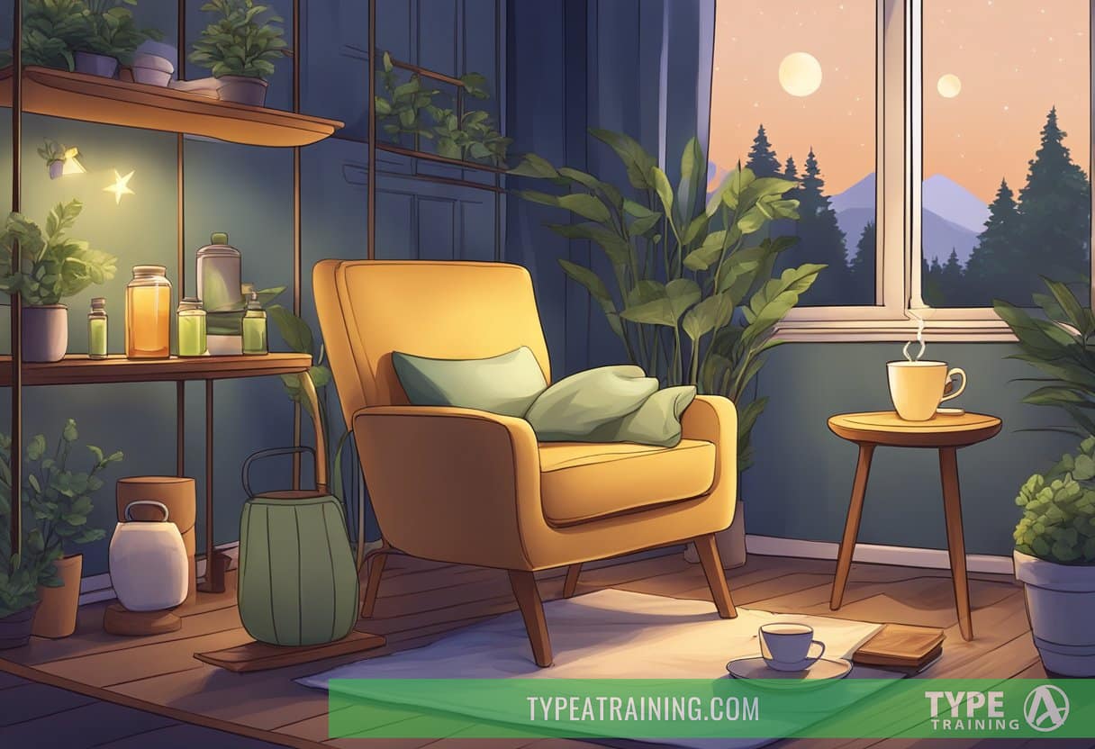 A cozy night scene with a variety of calming herbal teas, a comfy chair, and a peaceful sleeping environment