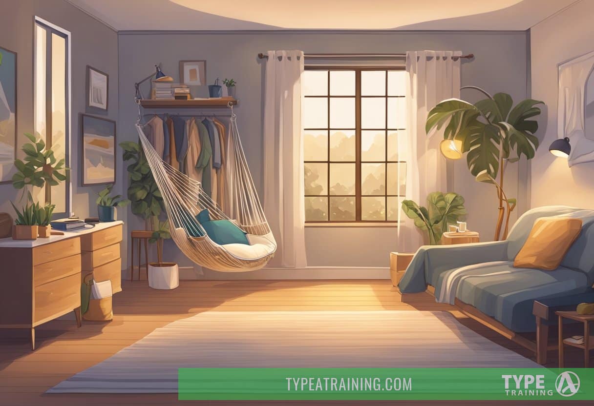 A cozy bedroom with various napping setups - hammock, recliner, and bed - surrounded by calming decor and soft lighting