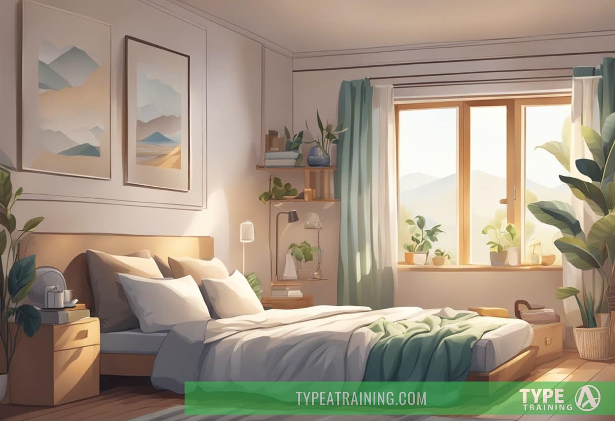 A cozy bedroom with natural light streaming in, featuring a comfortable bed with various pillows and blankets arranged in different napping styles