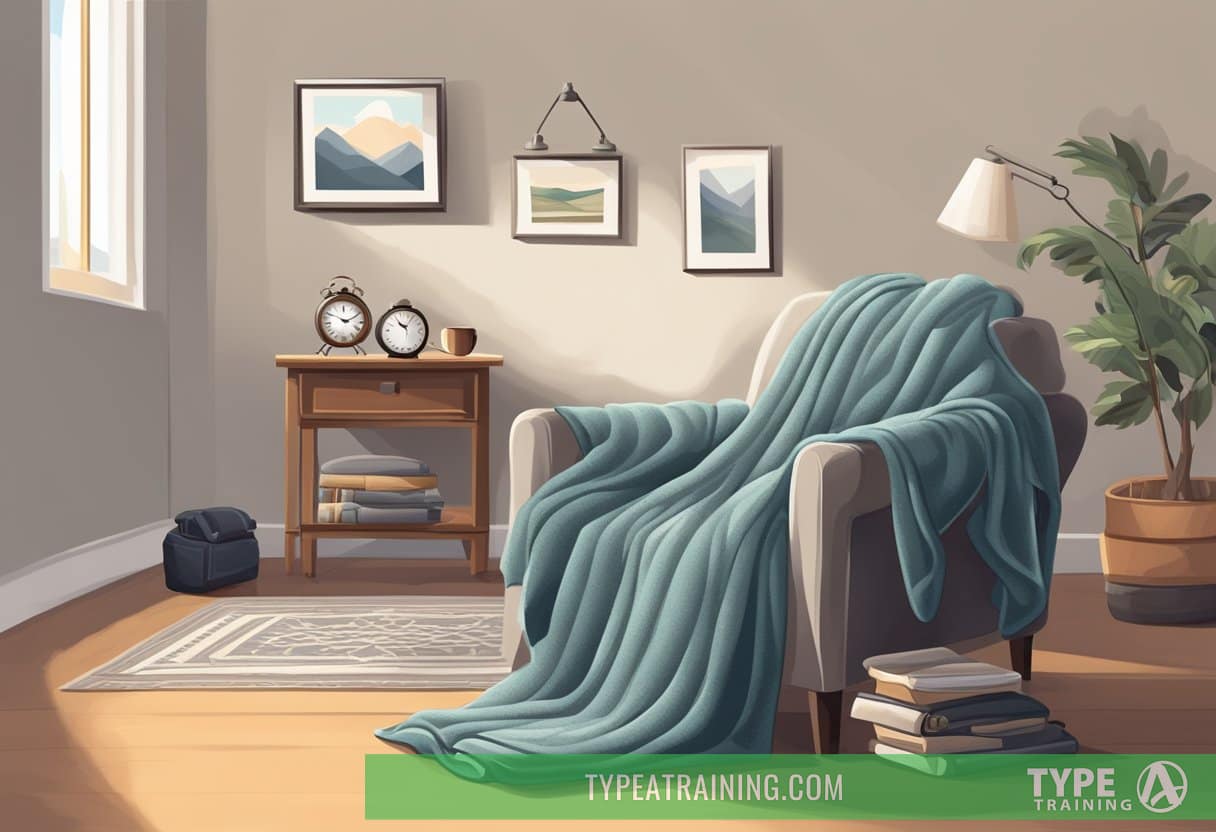 A cozy blanket on a recliner, a steaming cup of coffee on a side table, and a ticking clock on the wall