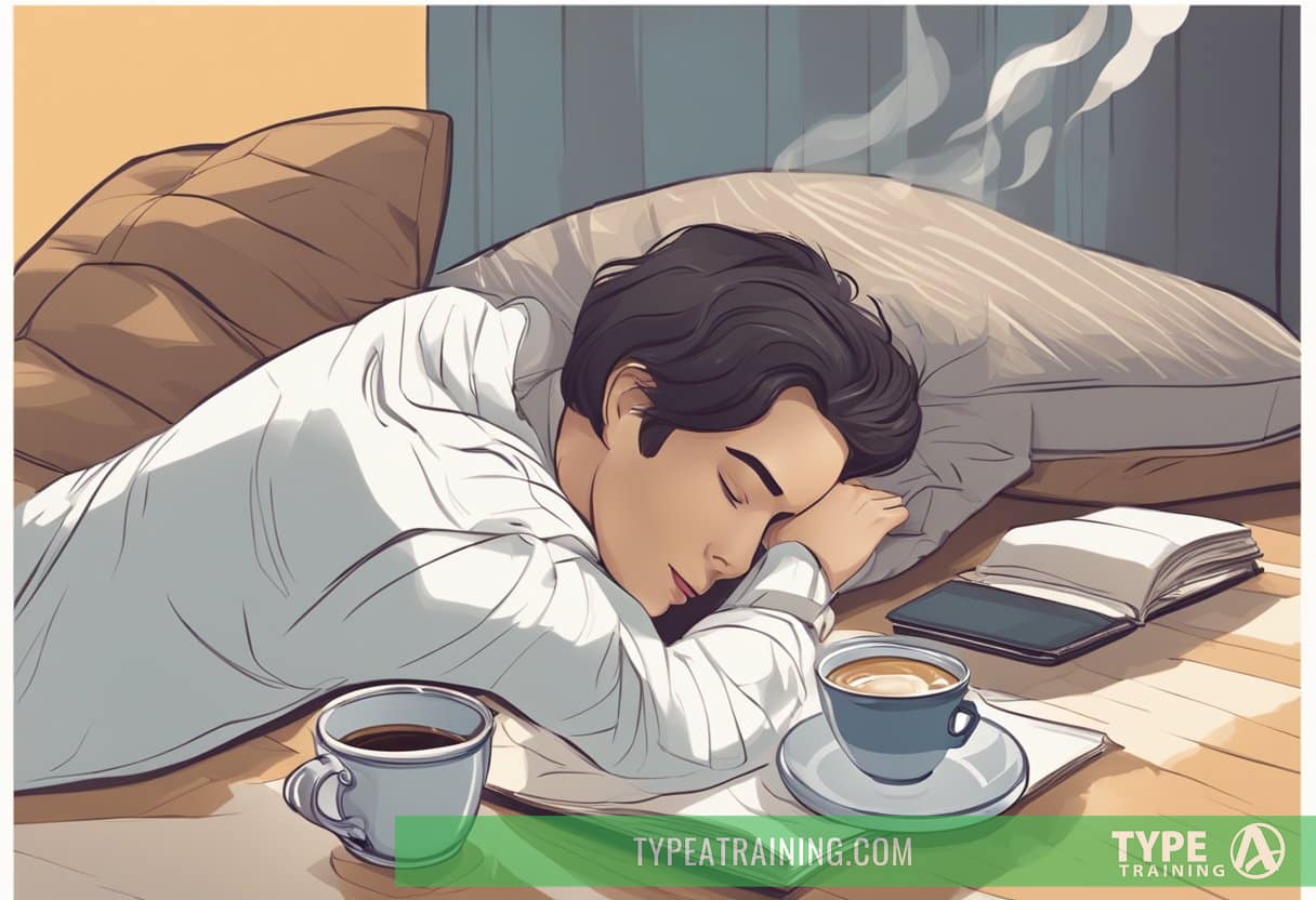A cozy nap setting with a steaming cup of coffee and a timer beside it. A person is lying down, eyes closed, appearing relaxed and rejuvenated