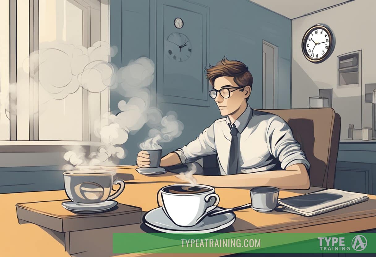 A person lying down with a steaming cup of coffee on a table next to them, while a clock on the wall shows a short passage of time