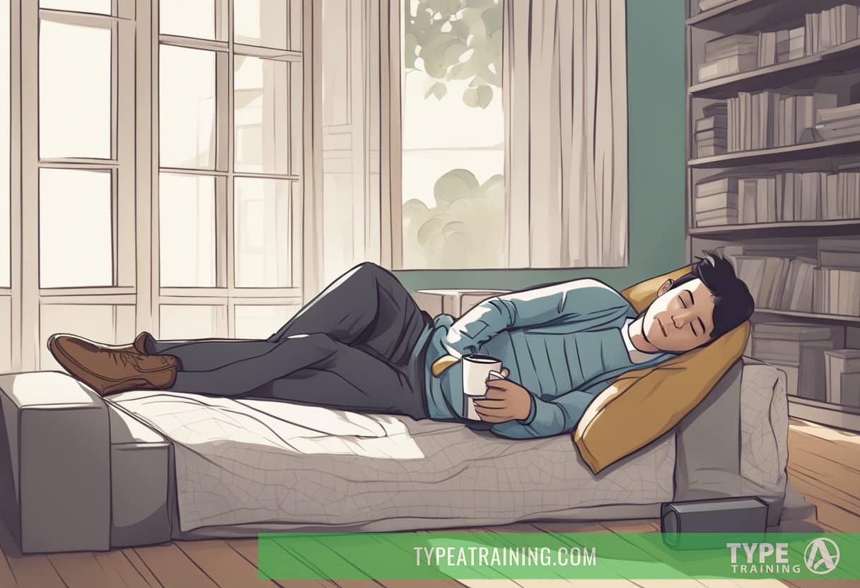 A person lying down with a cup of coffee beside them, eyes closed in a peaceful nap