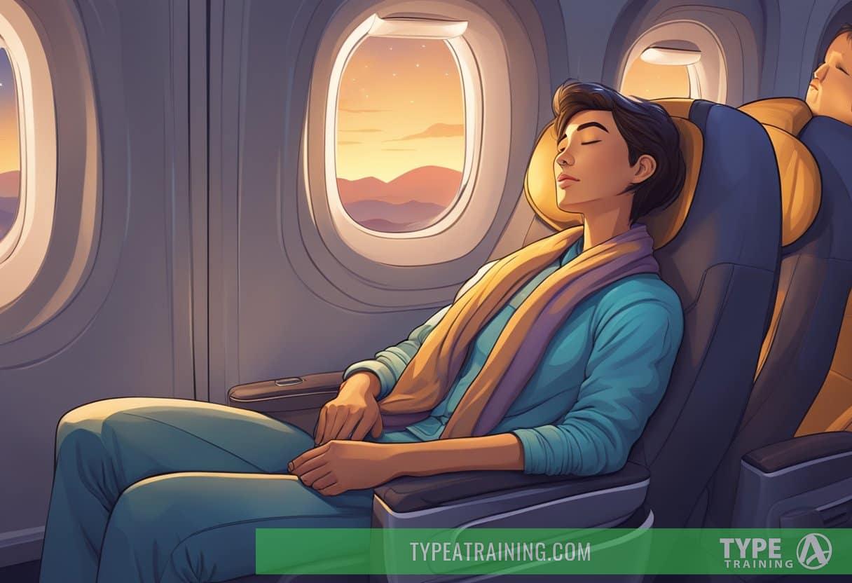 A passenger reclines in a cozy airplane seat, eyes closed, with a blanket and neck pillow. The cabin is dimly lit, and a small window reveals a starry night sky