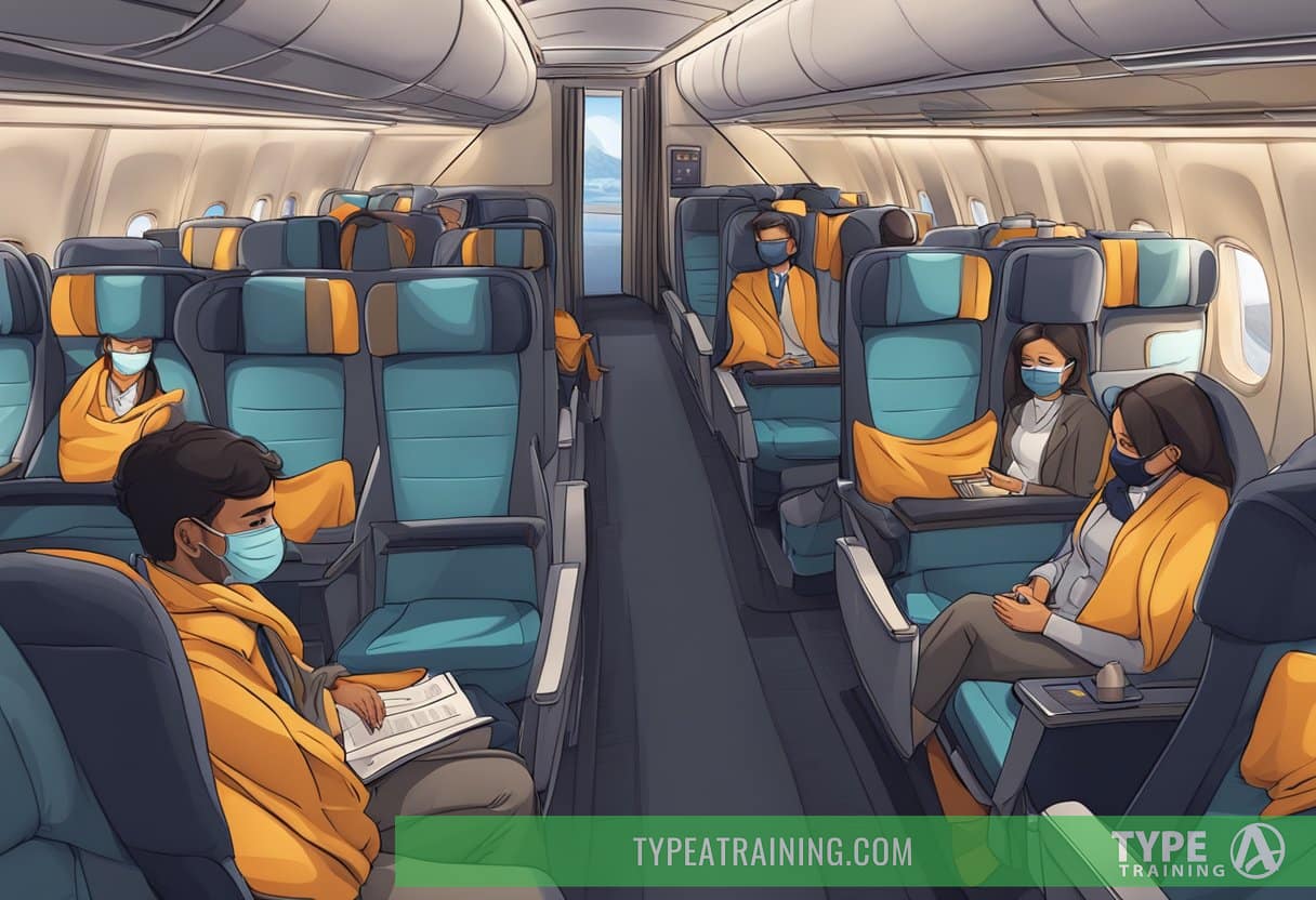 A dark airplane cabin with dimmed overhead lights and passengers reclining in their seats with blankets and eye masks