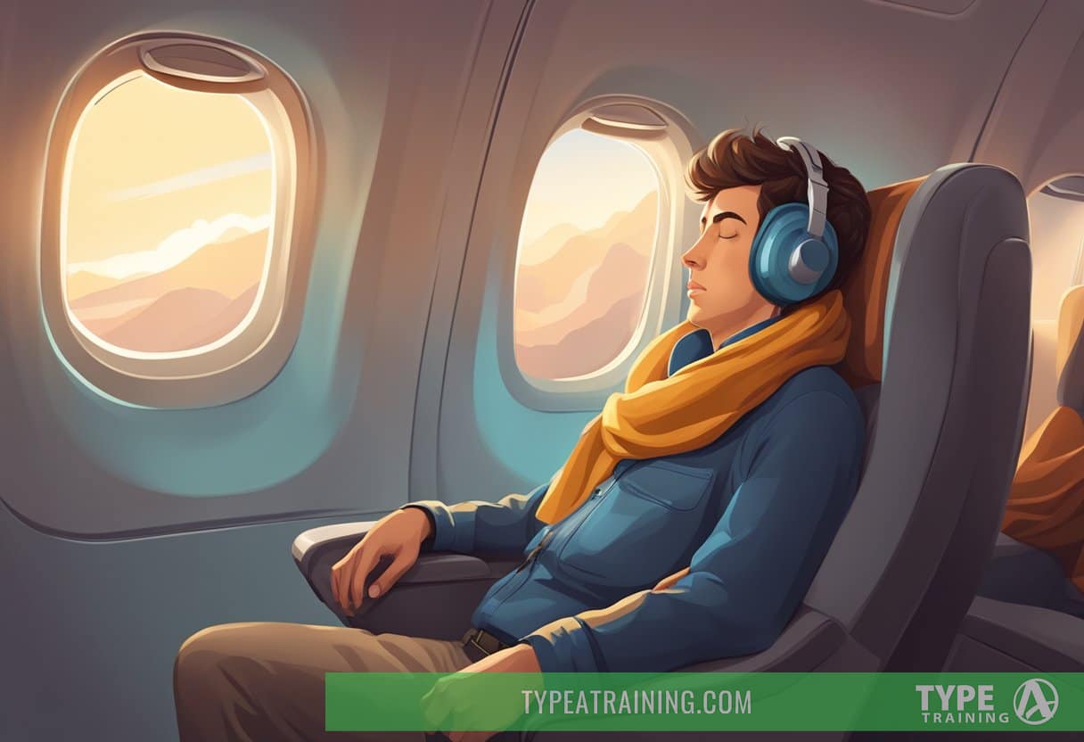 A traveler reclines in a cozy airplane seat, eyes closed, with a blanket and neck pillow, surrounded by dimmed cabin lights and the hum of the aircraft