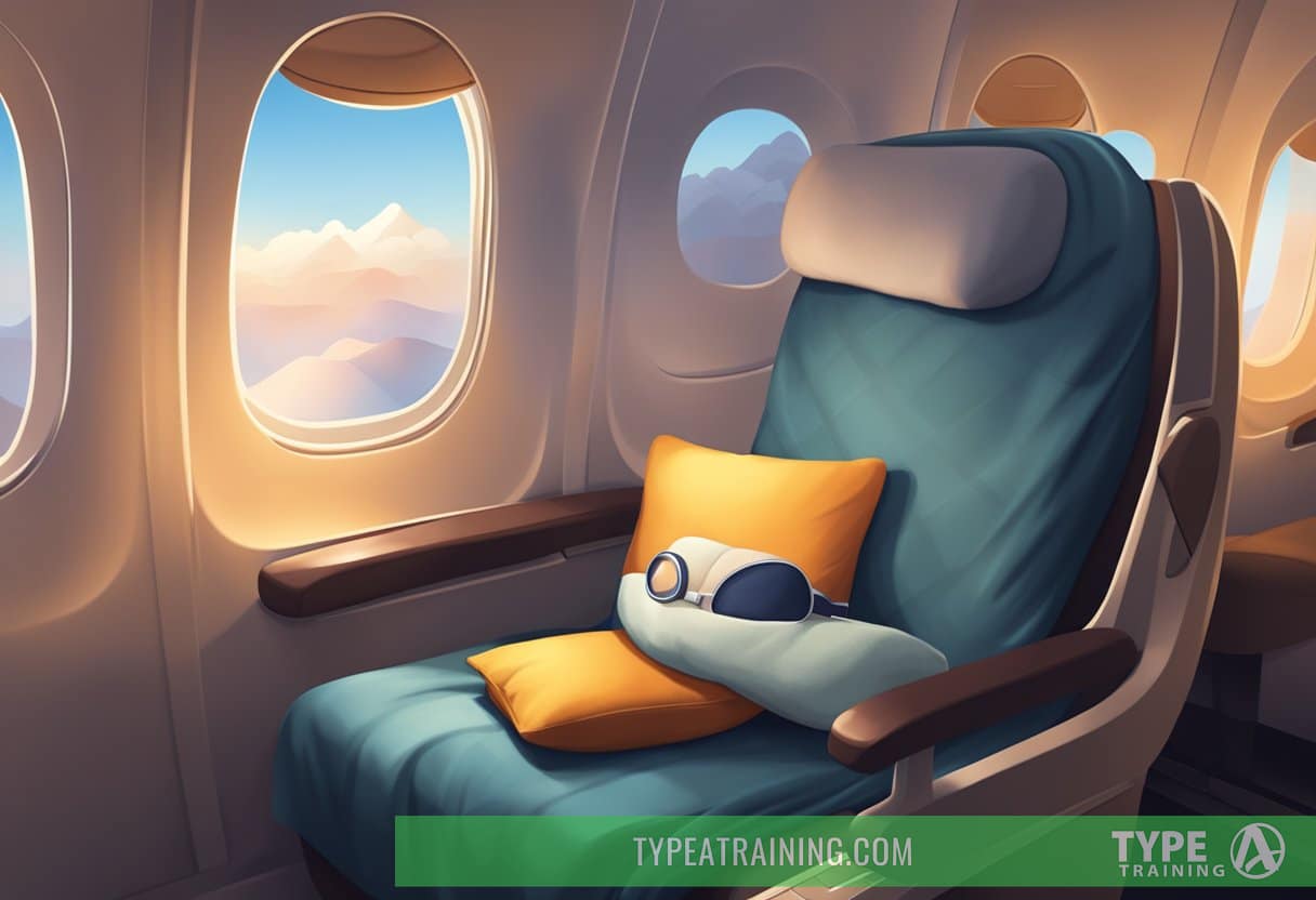A cozy airplane seat with a plush pillow, soft blanket, and eye mask. A dimly lit cabin with a peaceful atmosphere