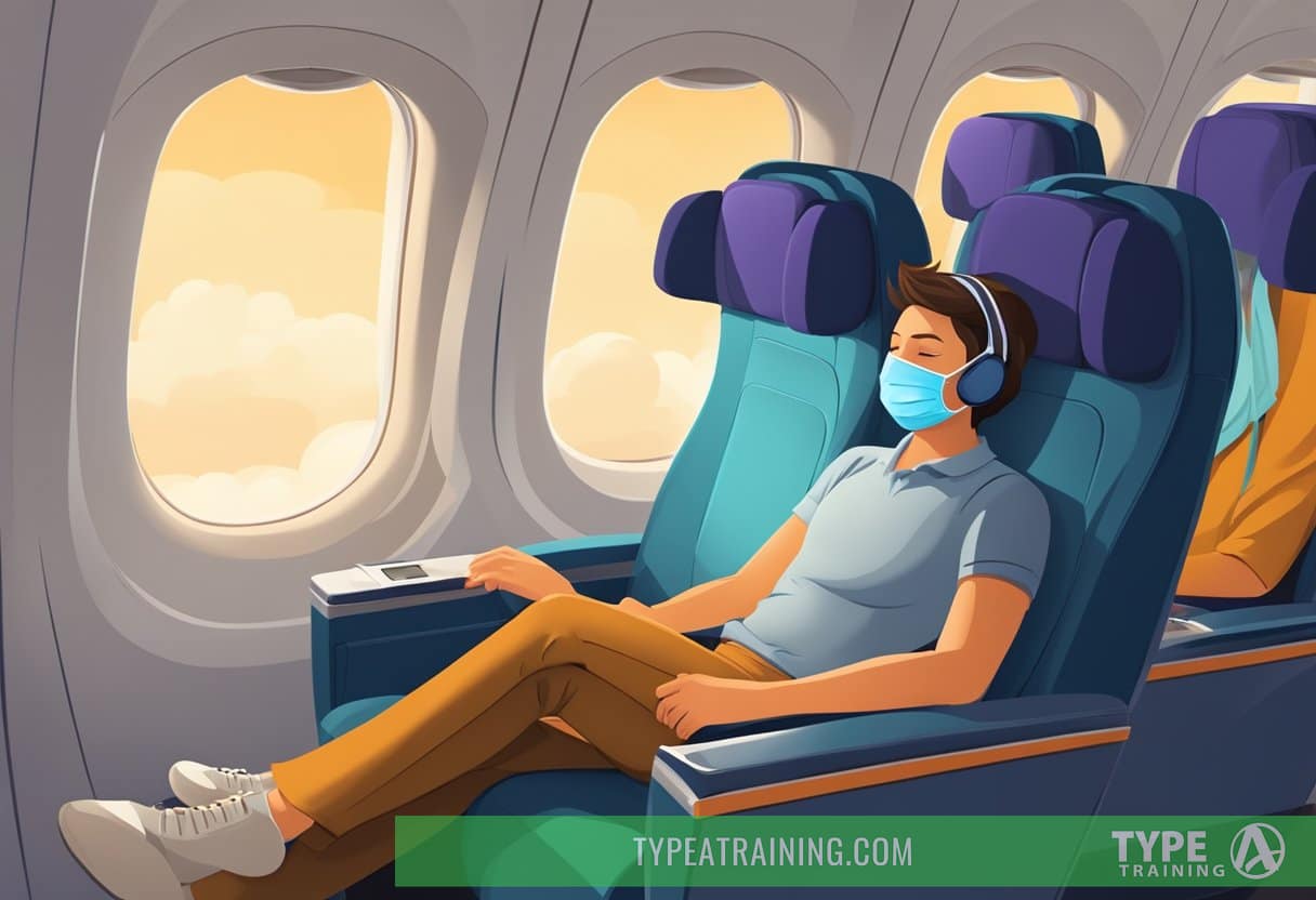 A passenger reclines in a dimly lit airplane cabin, wearing a sleep mask and earplugs. The surrounding seats are empty, and the only sound is the gentle hum of the engines