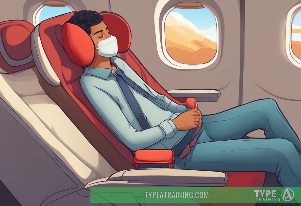 A person reclining in a red-eye flight seat, using a neck pillow and blanket, with an eye mask and earplugs nearby