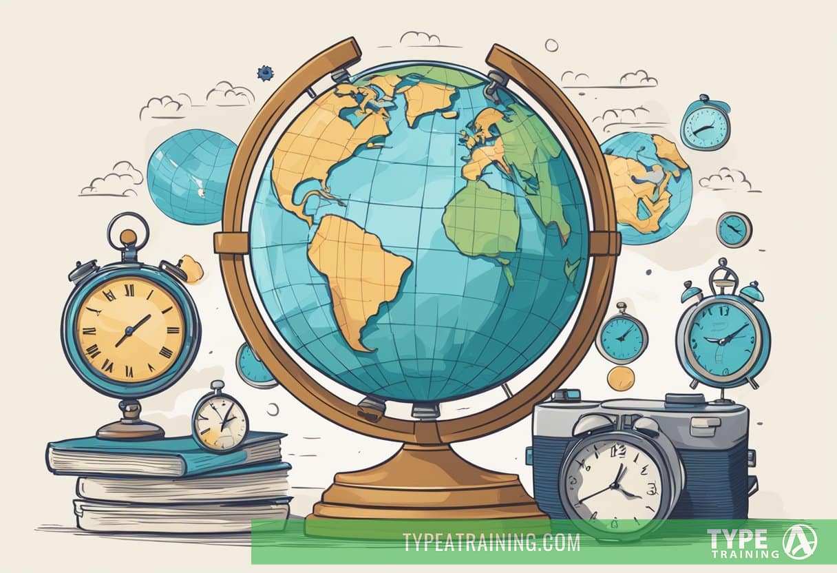 A globe surrounded by clocks set to different time zones, with a traveler's itinerary and a sleep mask nearby