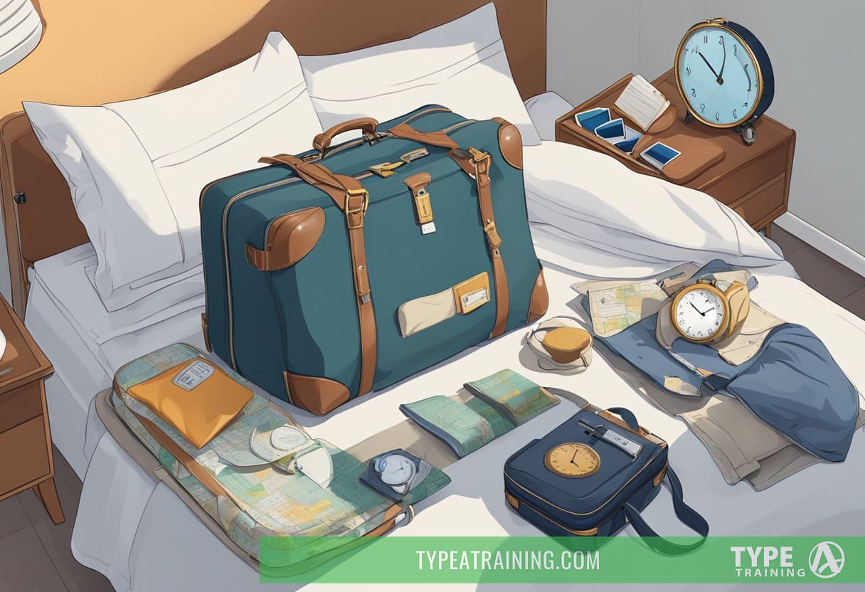 A traveler's suitcase open on a bed, with a sleep mask, neck pillow, and various time zone clocks scattered around