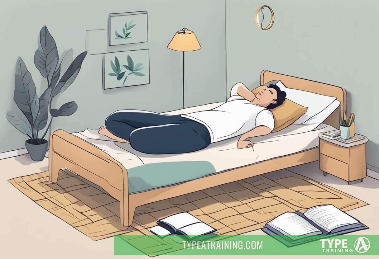 A person lying in bed with restless legs, surrounded by pillows and a journal. A yoga mat and exercise equipment in the corner