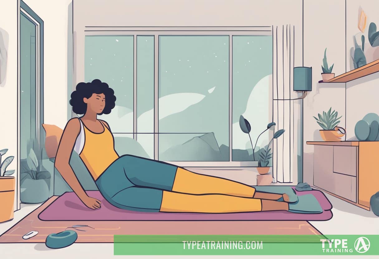 A person lying in bed, tossing and turning with their legs moving involuntarily. A yoga mat and exercise equipment are nearby, suggesting an attempt to alleviate symptoms through physical activity