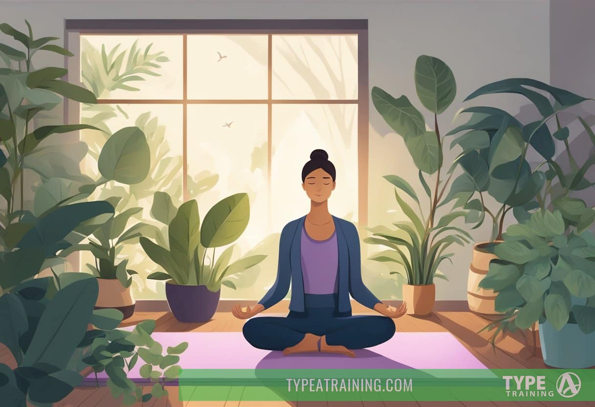 A person doing yoga in a peaceful, dimly lit room, surrounded by plants and calming decor