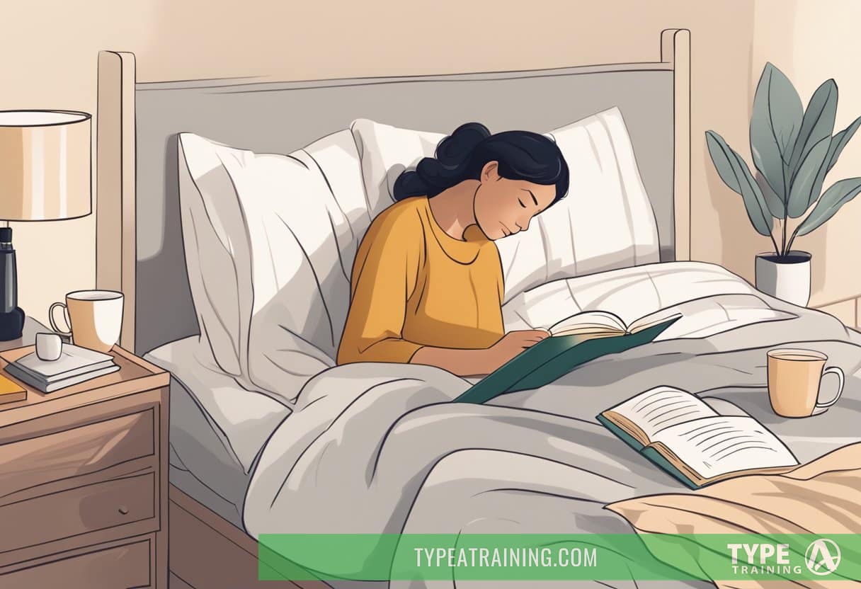 A person peacefully sleeping in bed, surrounded by calming elements such as a warm cup of tea, a cozy blanket, and a book on coping strategies for Restless Leg Syndrome