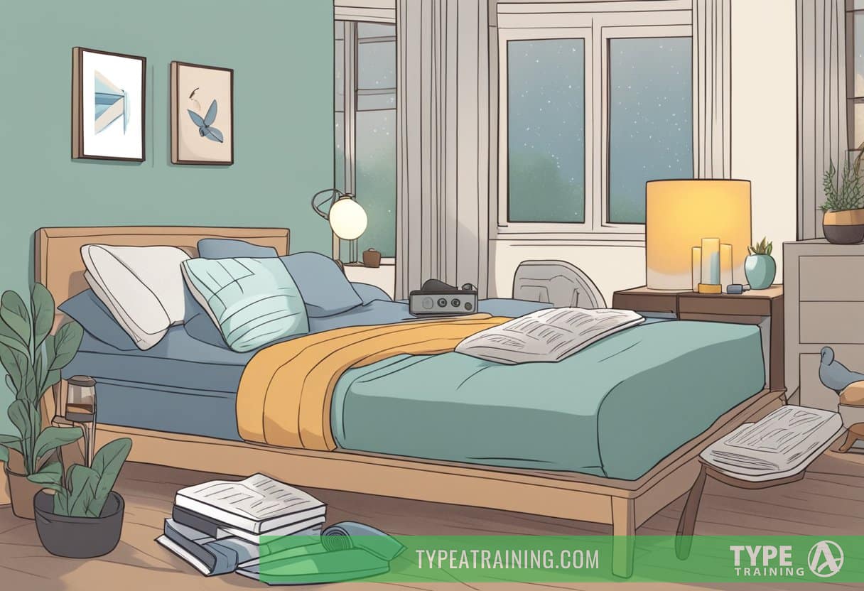 A person peacefully sleeping in bed, with exercise equipment nearby and a book on coping strategies for Restless Leg Syndrome