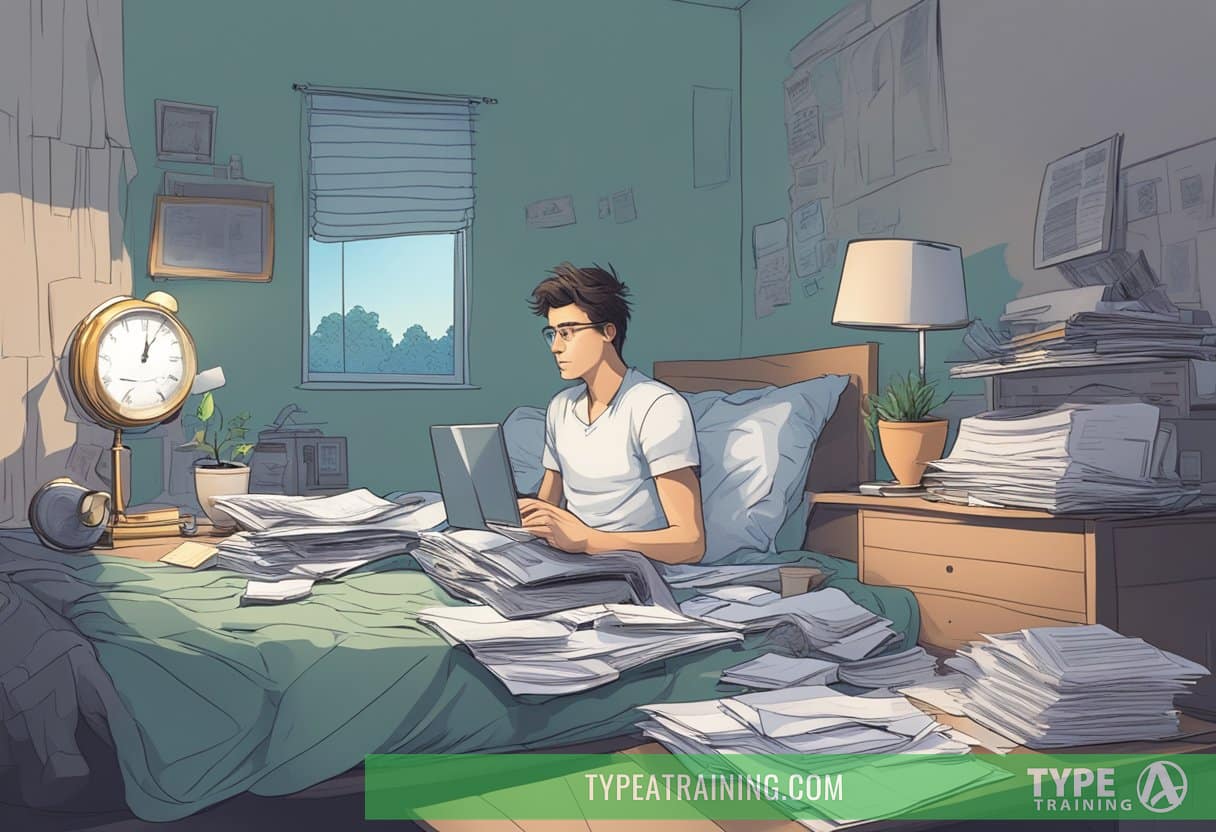 A disheveled bedroom with a clock showing 3am, scattered papers, and a person staring blankly at a computer screen