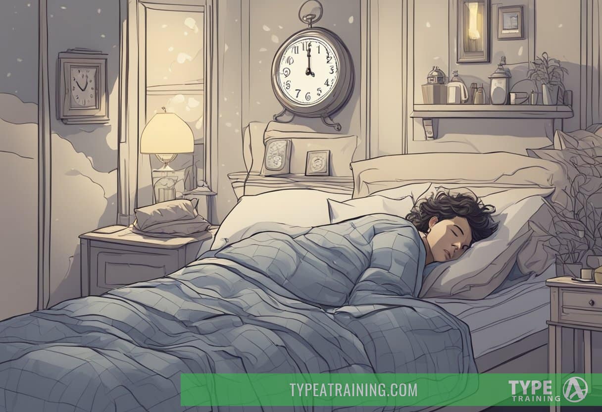 A person lying in bed with a disheveled appearance, surrounded by scattered pillows and a clock showing a late hour. The room is dimly lit, and the person looks fatigued and distressed