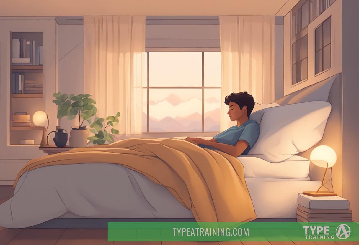 A person peacefully sleeping in a cozy bed, surrounded by soft pillows and a warm blanket, with a serene and tranquil atmosphere