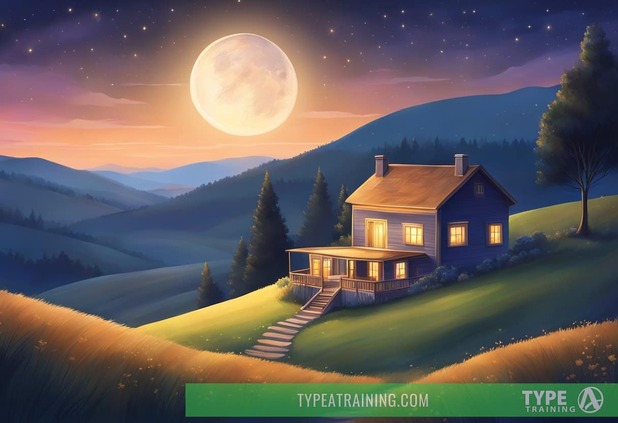 A peaceful night sky with a crescent moon shining down on a tranquil landscape of rolling hills and a cozy, glowing house