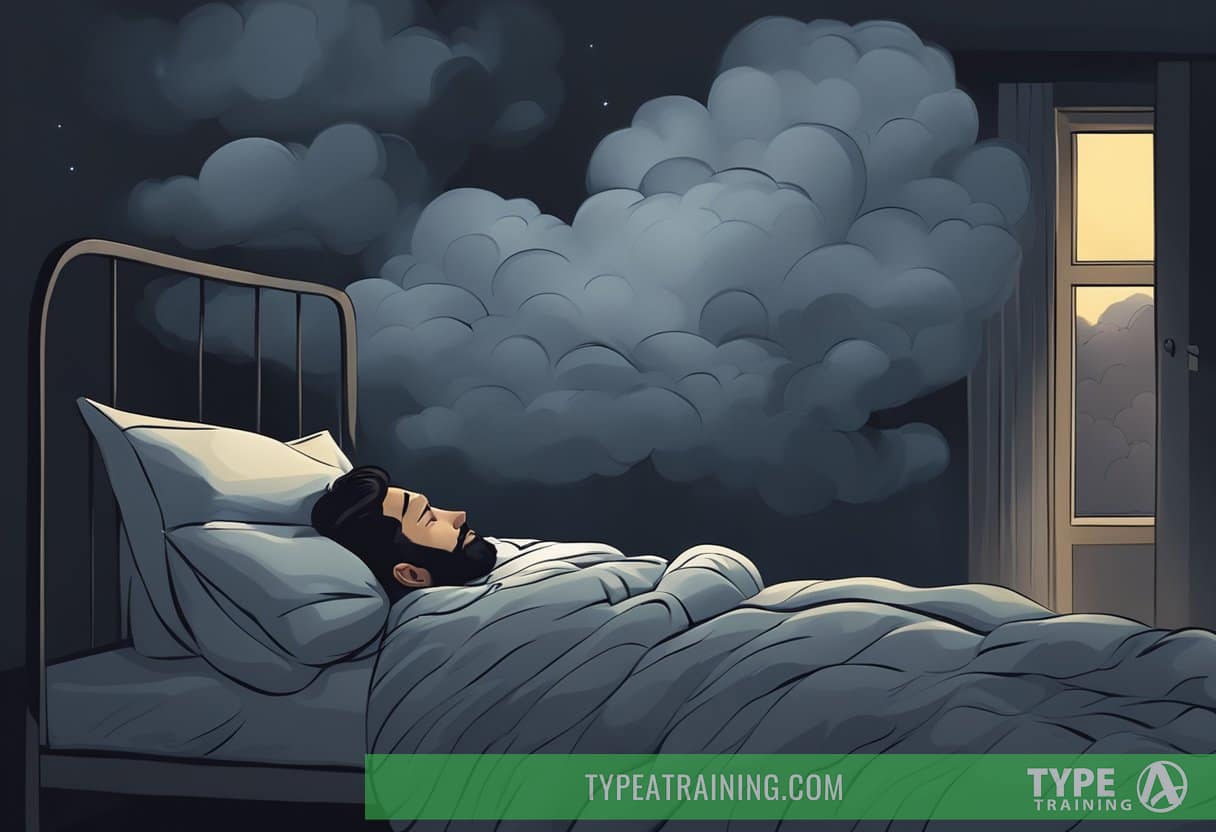 A person lying in bed, surrounded by dark and heavy clouds, with a shadowy figure looming over them, representing the interrelation of sleep and depression