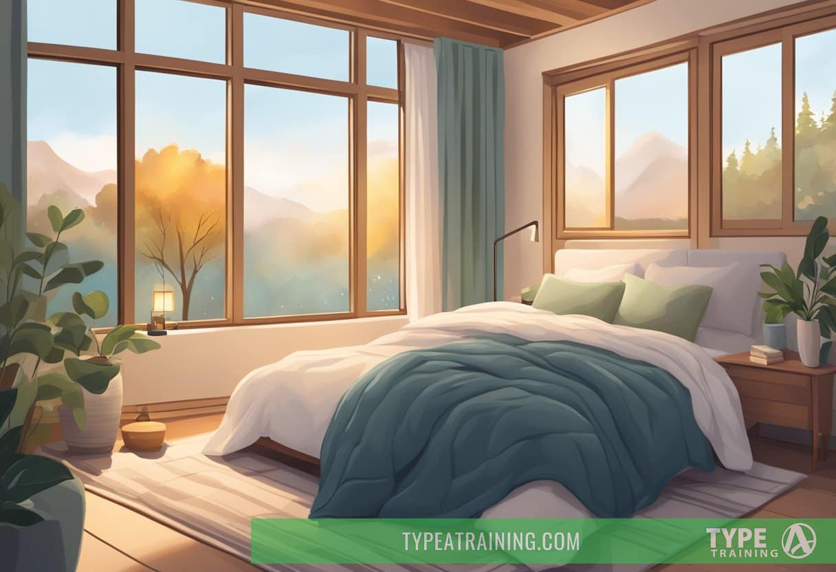 A serene bedroom with soft, warm lighting, a cozy bed with plush pillows and a weighted blanket, a calming essential oil diffuser, and a peaceful nature scene outside the window