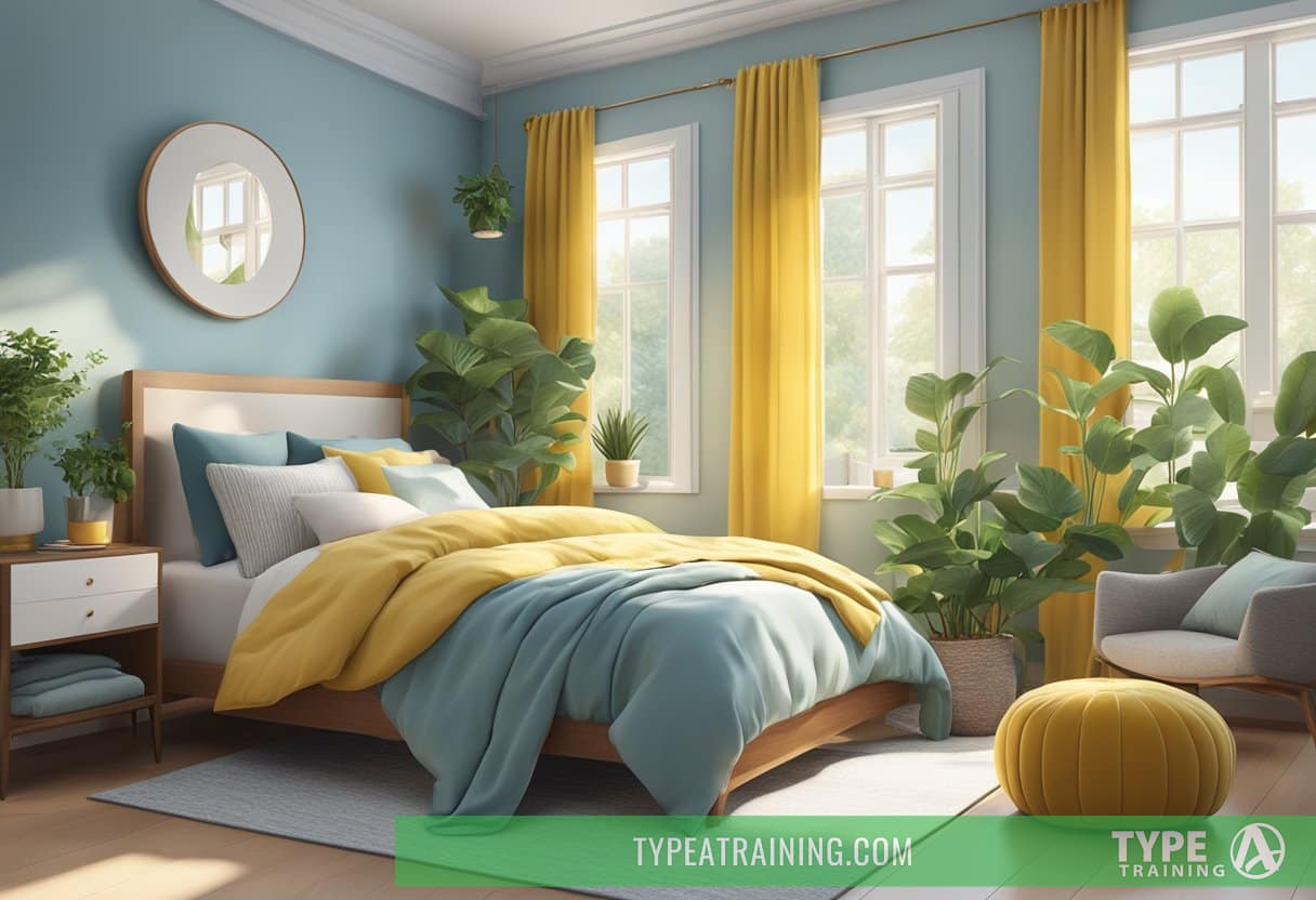 A cozy bedroom with soft blue walls, warm yellow accents, and plush green plants, creating a calming and peaceful atmosphere for optimal sleep