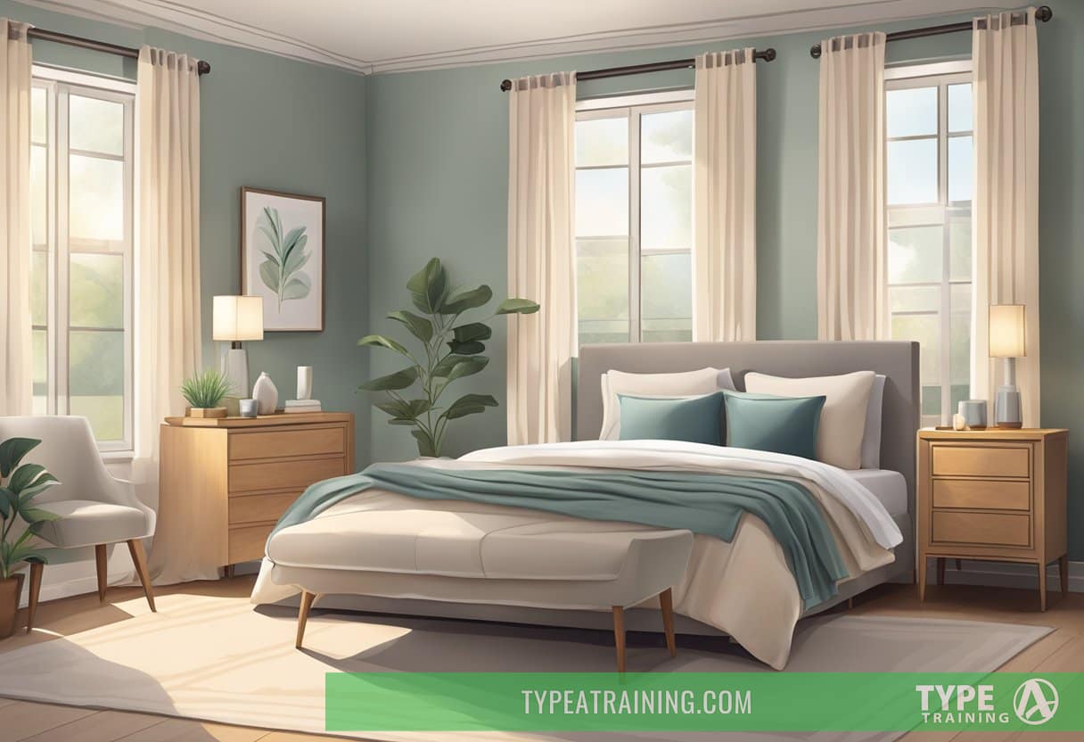 A serene bedroom with soft, cool-toned walls, warm neutral bedding, and gentle lighting to promote relaxation and restful sleep