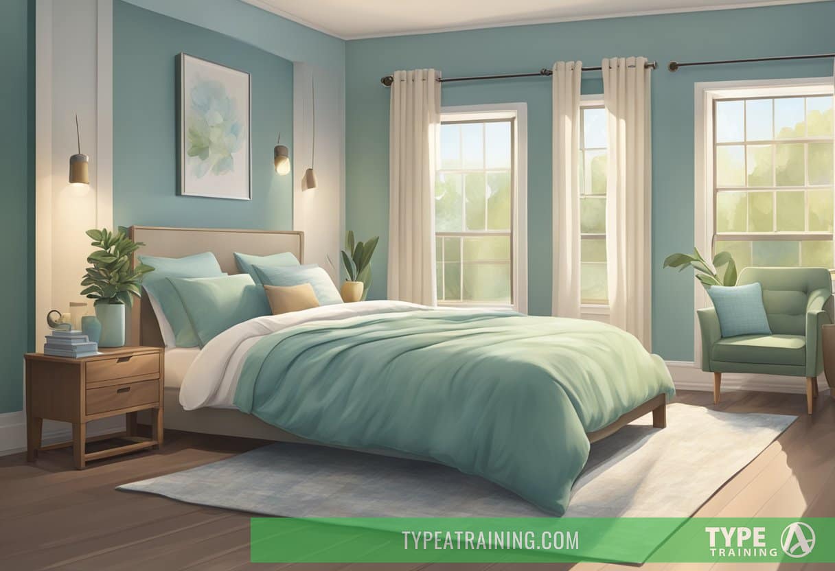 A cozy bedroom with soft, calming colors like light blues or pastel greens, dim lighting, and comfortable bedding