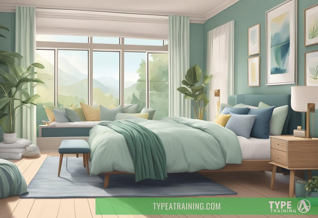 A cozy bedroom with soft, pastel bedding and calming accessories. Blue and green hues promote relaxation, while warm accents add comfort
