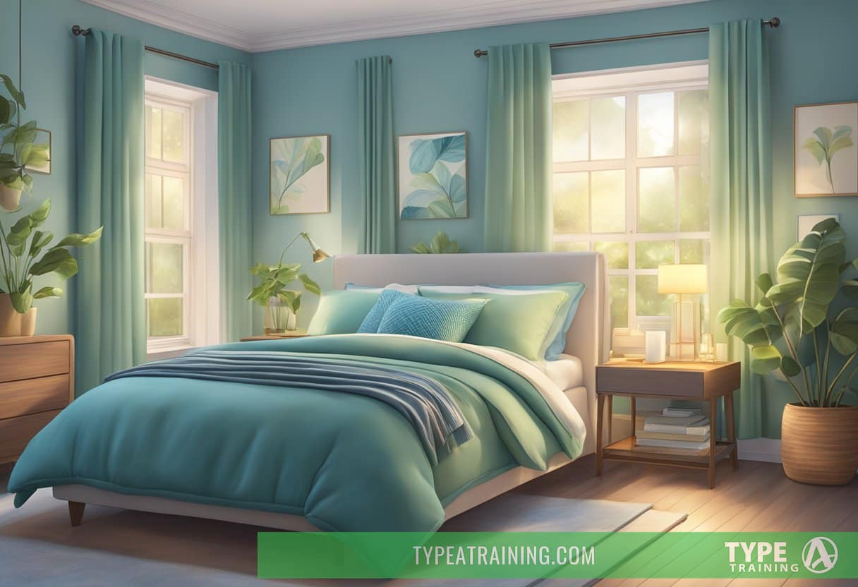 A bedroom with warm, soft lighting casting a calming glow over a soothing color palette of blues and greens, promoting relaxation and sleep