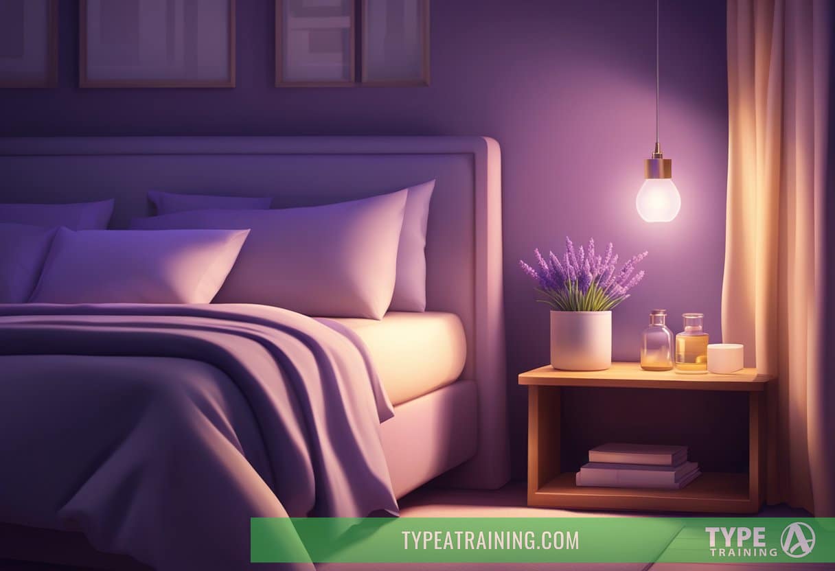 A dimly lit bedroom with a lavender-scented diffuser on a nightstand, casting a soft glow and filling the room with a calming aroma