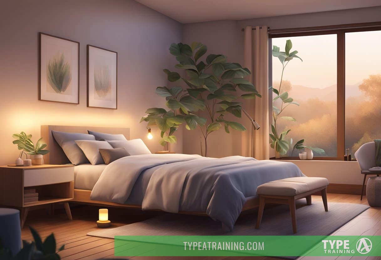 A serene bedroom with a diffuser emitting calming essential oils, a cozy bed, and soft, dim lighting