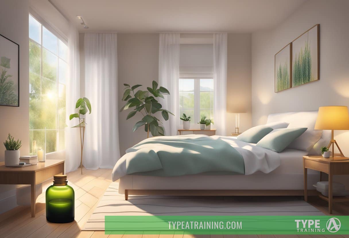 A tranquil bedroom with a diffuser emitting soft light and fragrant essential oils, creating a peaceful and calming atmosphere for better sleep