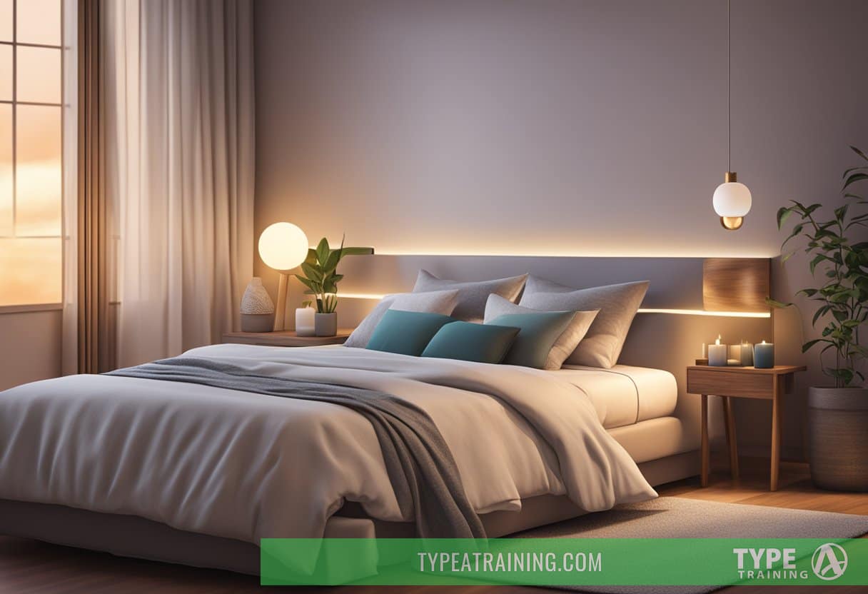 A peaceful bedroom with a diffuser emitting calming essential oils, a cozy bed with soft pillows, and dim lighting to create a relaxing atmosphere for bedtime aromatherapy