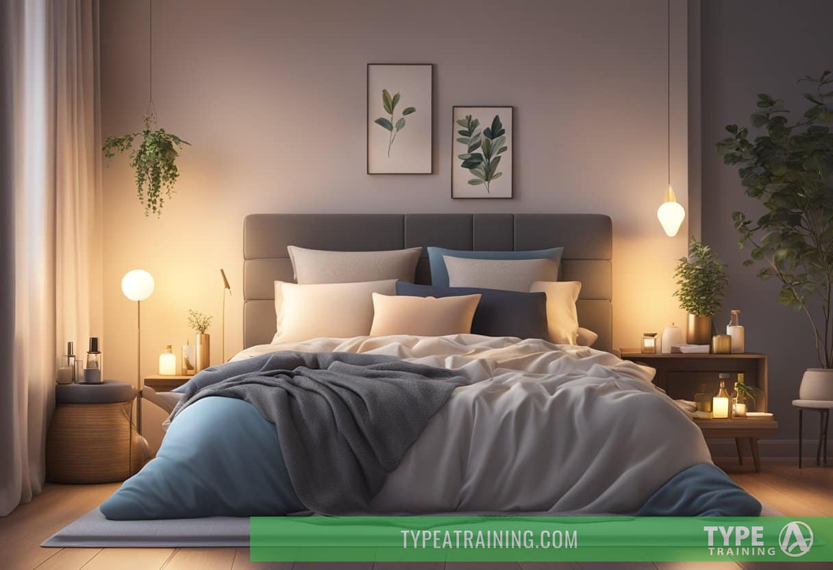 A dimly lit bedroom with a diffuser emitting a soft glow, surrounded by various bottles of essential oils and a cozy bed with plush pillows and blankets