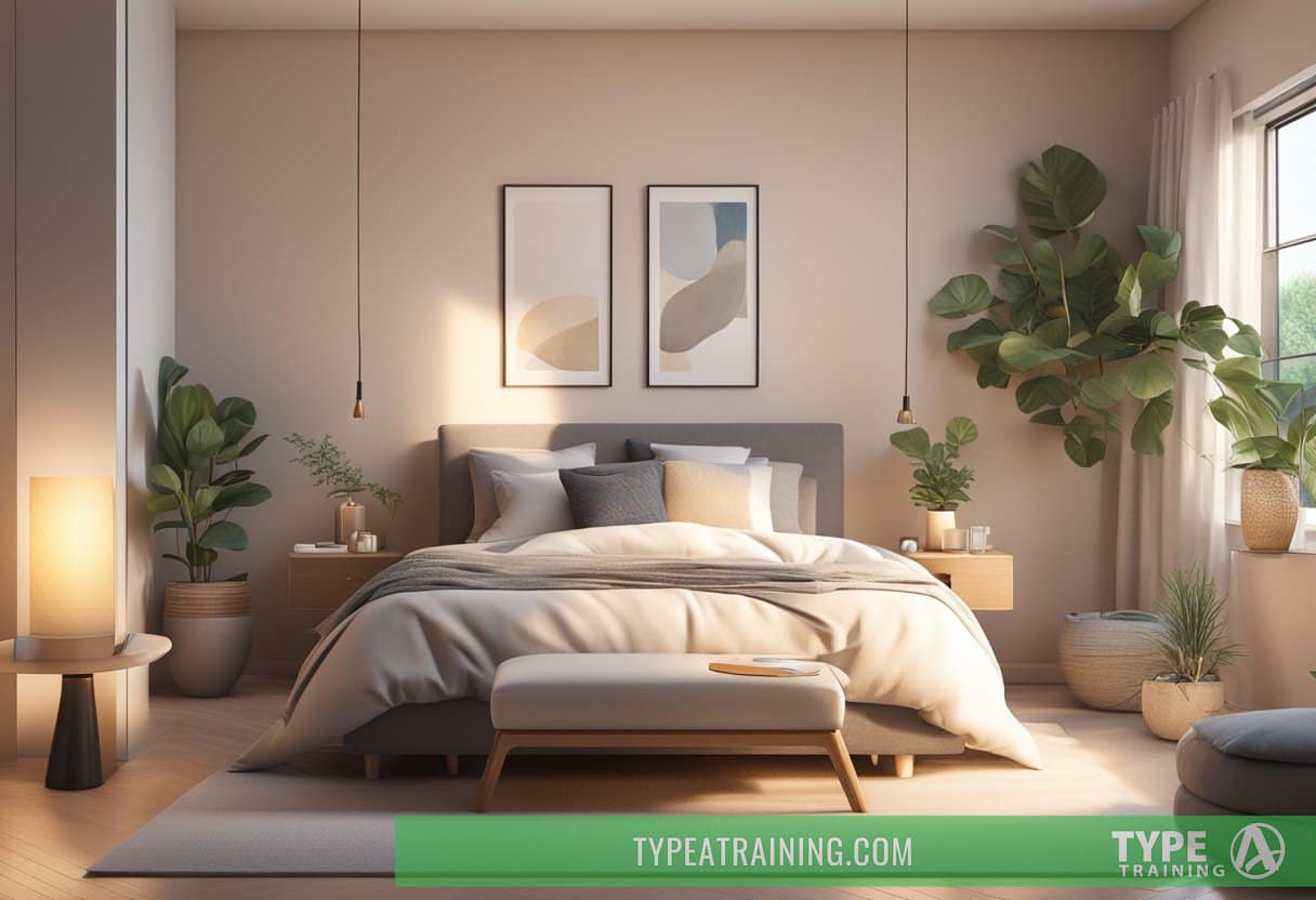 A serene bedroom with soft lighting, a cozy bed, and a diffuser emitting calming essential oils