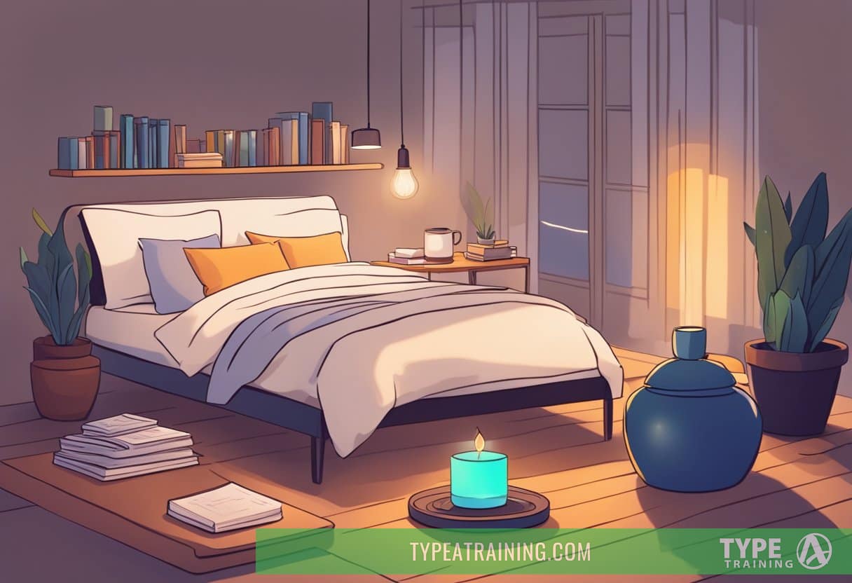 A cozy bedroom with a diffuser emitting soothing aromas, a stack of books on aromatherapy, and a person peacefully sleeping in bed
