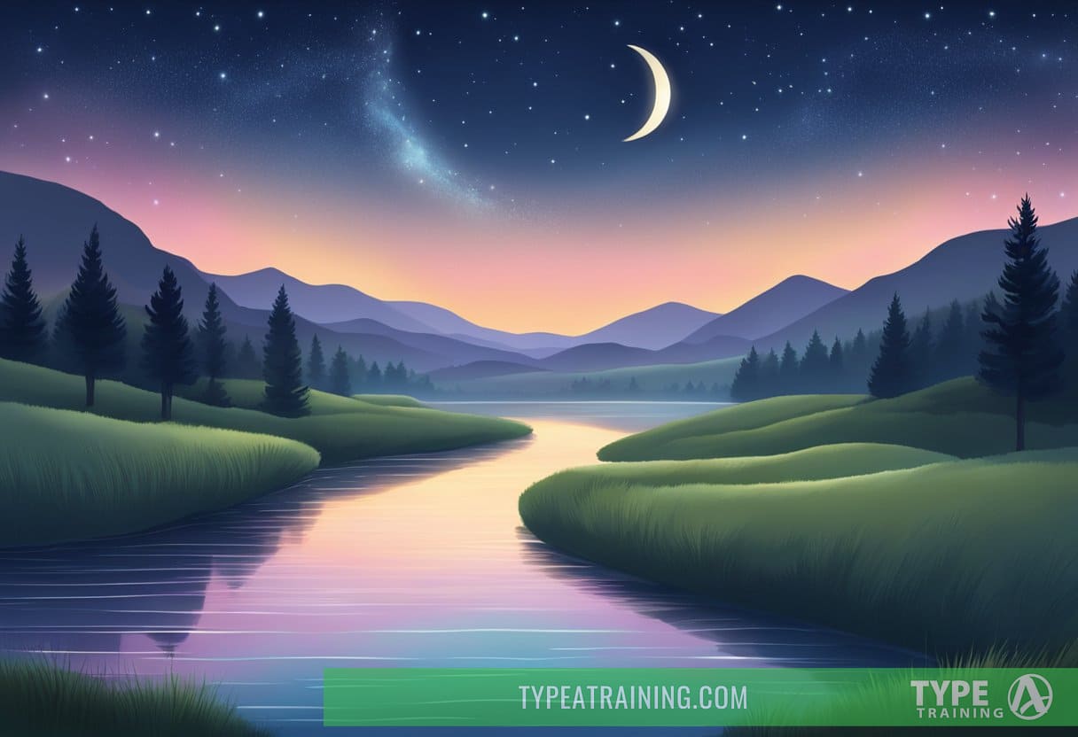 A serene night sky with a crescent moon and stars, casting a soft glow over a peaceful landscape of rolling hills and a tranquil river