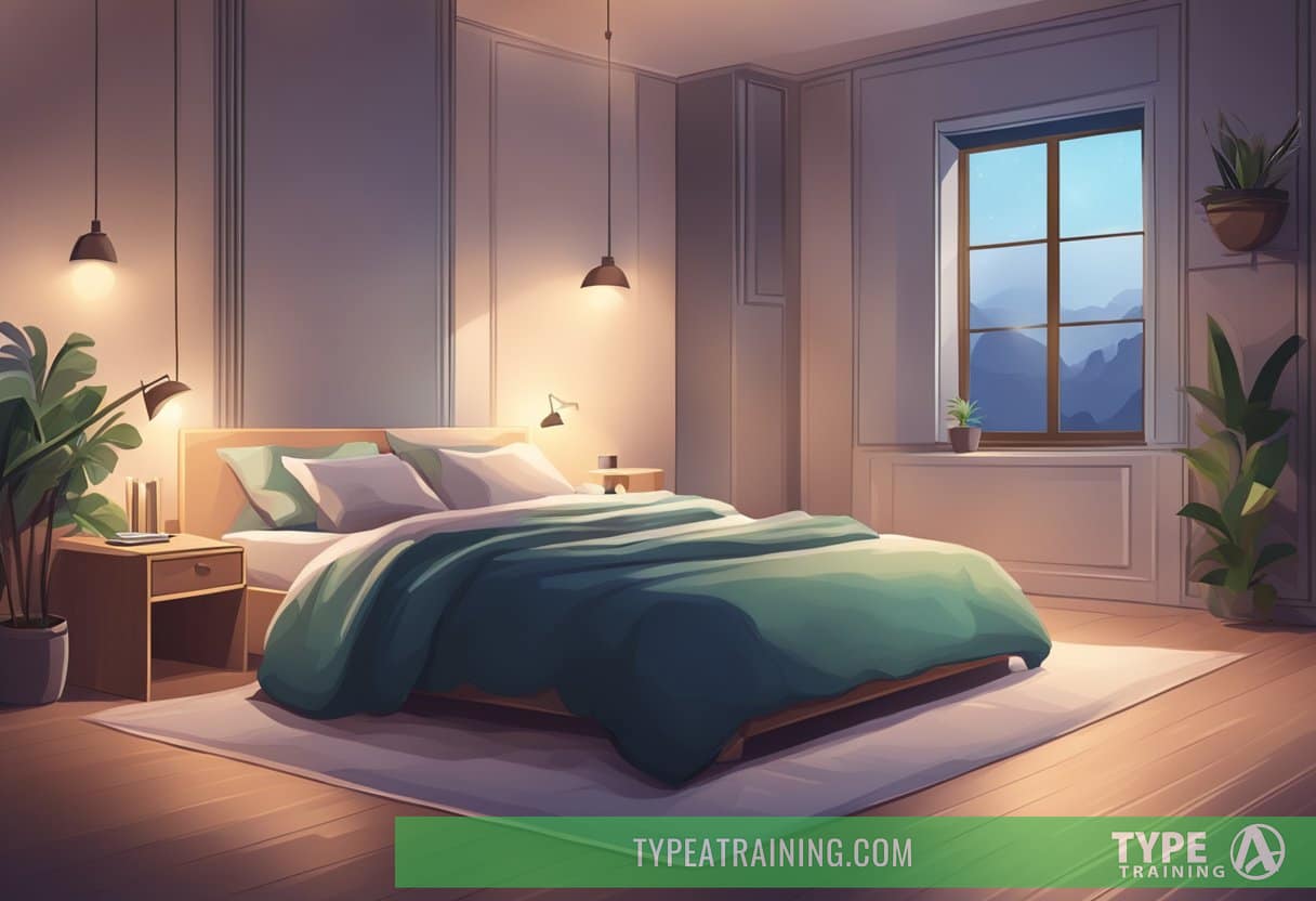 A dimly lit room with a soft, comfortable bed. A serene atmosphere with calming colors and gentle, soothing music playing in the background