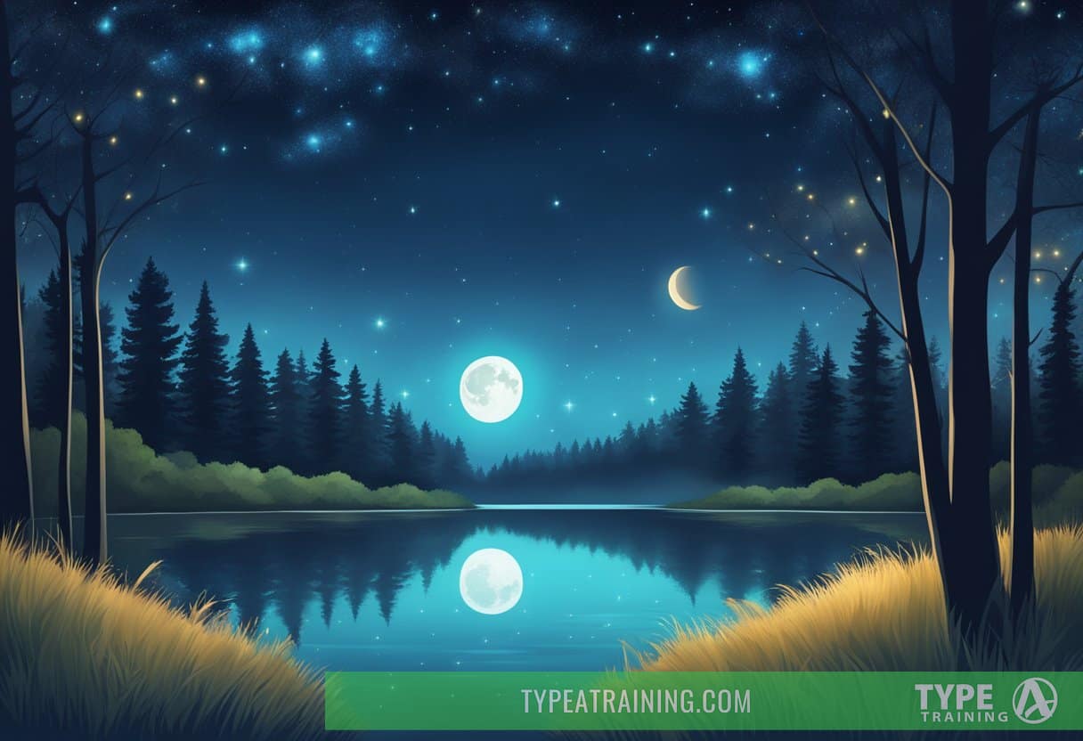 A serene night sky with a glowing moon and stars, surrounded by a peaceful landscape of trees and a quiet, still body of water