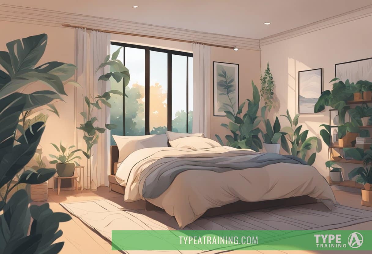 A serene bedroom with dim lighting, a cozy bed, and a person peacefully sleeping, surrounded by calming elements like plants and soft blankets